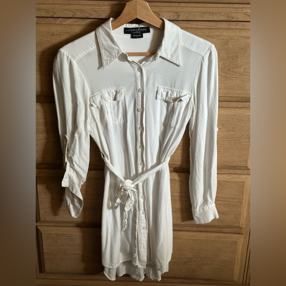 Guess by Marciano White Long Sleeve Hi-Low Rayon Shirt Dress | Size XS